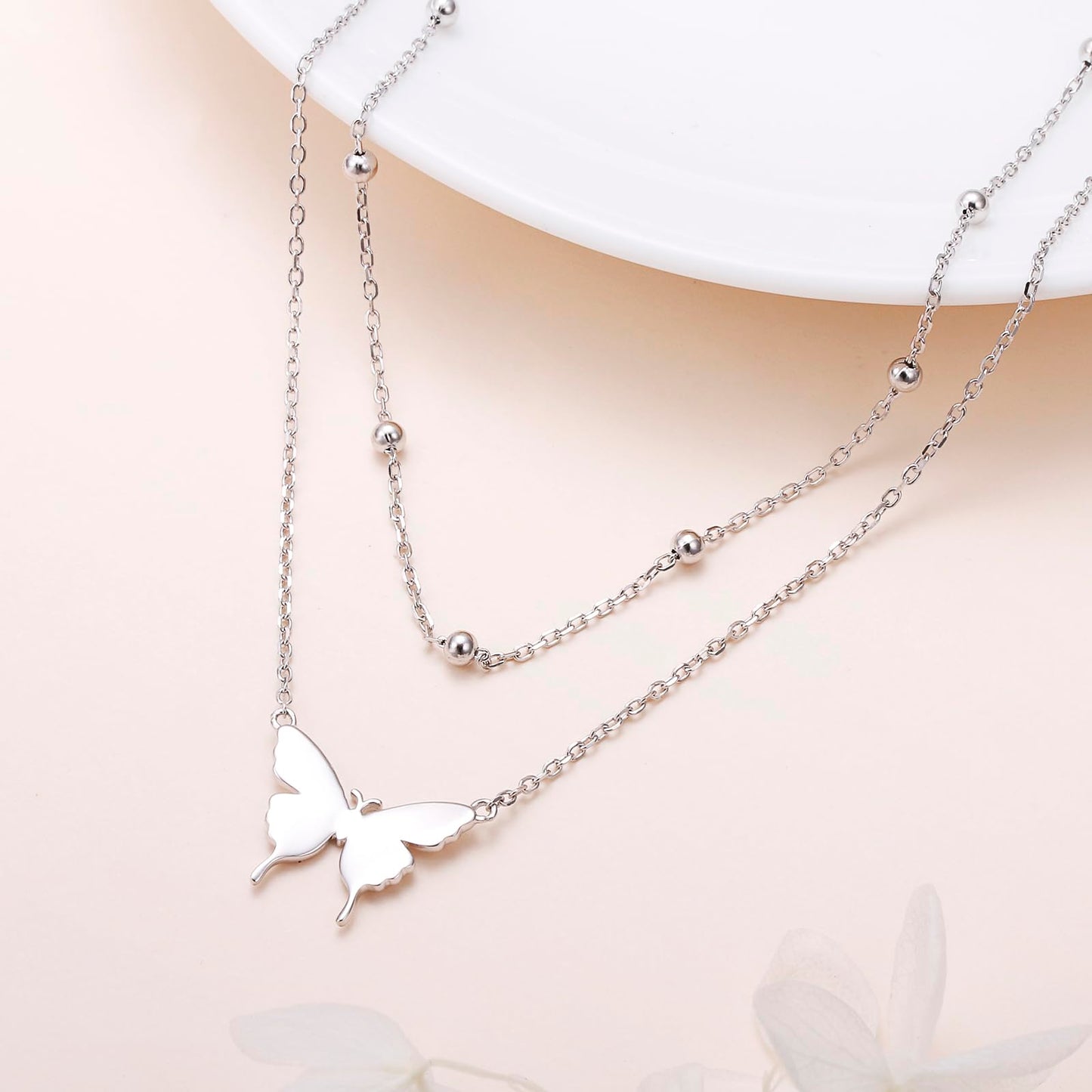 DAOCHONG S925 Sterling Silver Double Layer Butterfly Necklace for Women Beaded Choker Chain Dainty Layered Jewelry Gift for Her Jewelry