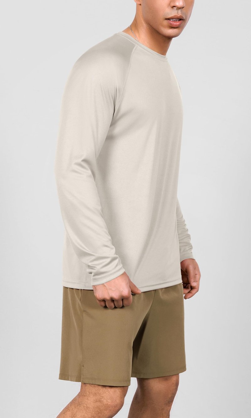 ODODOS Men's Quick Dry Long Sleeve Shirts UPF 50+ Sun Protection SPF Athletic Tops Workout Fishing T-Shirts, Beige, Small