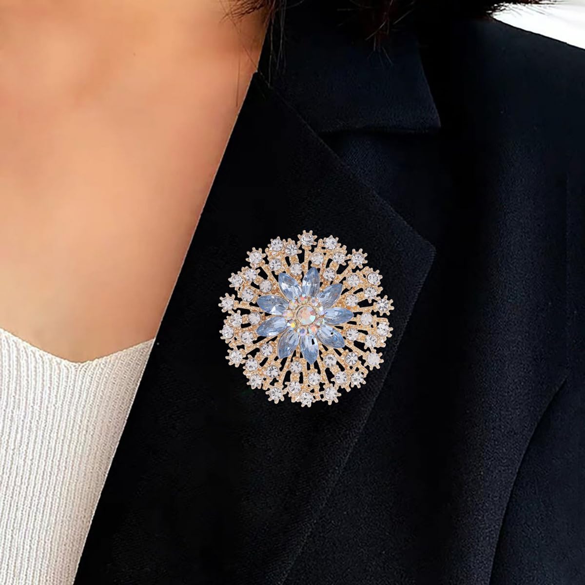 Rhinestone Crystal Flower Brooch Pin Sparkling Large Crystal Sunflower Brooch Vintage Floral Lapel Pins Rhinestone Flower Bouquet Broochs Rose Snowflake Broochs Wedding Bridal Dress Jewelry for Women (Gold)
