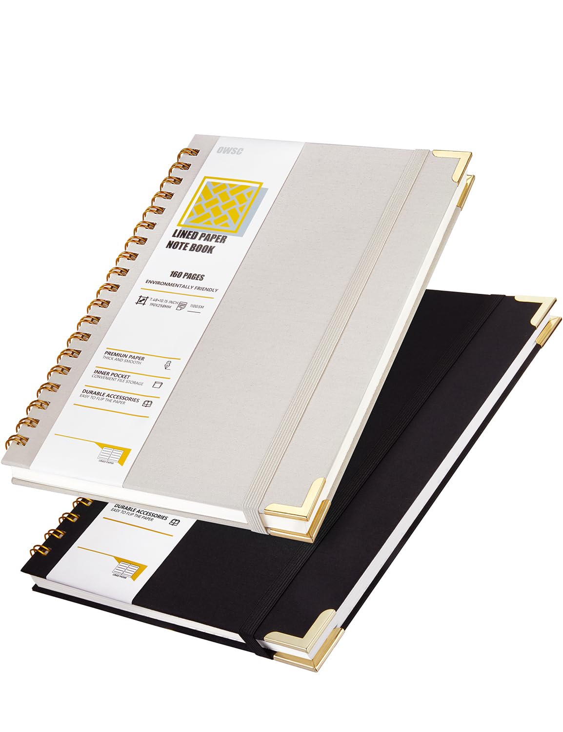 OWSC Lined Spiral Notebook with thick 110 GSM Papers, 320 Pages B5 Size College Ruled Notebook, Hardcover 7.1 x 10 Inches Journal for Women and Men, Notebooks for work, School (2 Pack B5 Grey Black)
