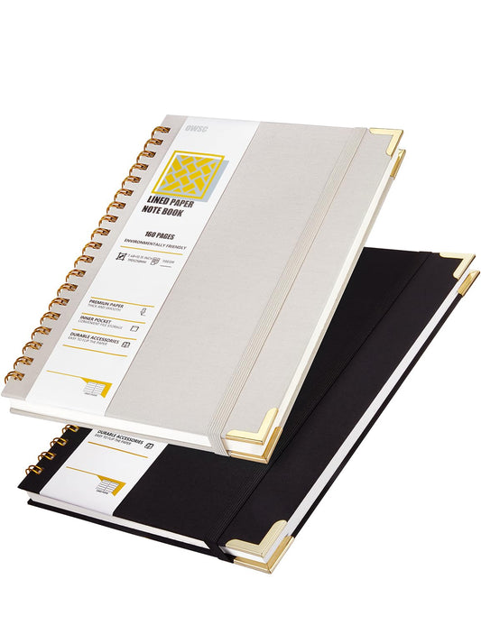 OWSC Lined Spiral Notebook with thick 110 GSM Papers, 320 Pages B5 Size College Ruled Notebook, Hardcover 7.1 x 10 Inches Journal for Women and Men, Notebooks for work, School (2 Pack B5 Grey Black)