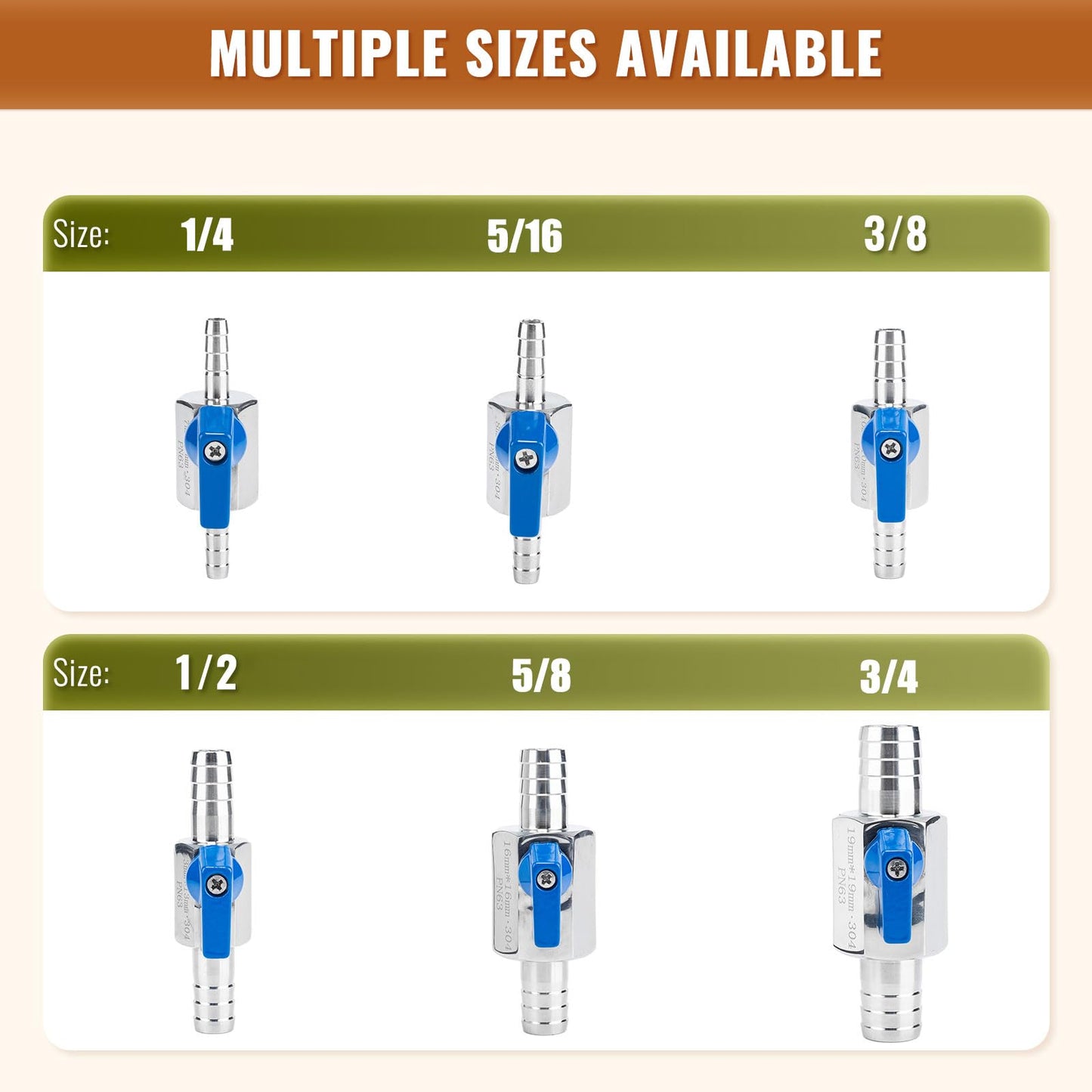 SKLSSVF 2 Pack 1/4" Hose ID Barb Mini Ball Valve, 304 Stainless Steel Small Shut Off Valve with Clamps Kit for Water Oil Gas (1/4 Inch)
