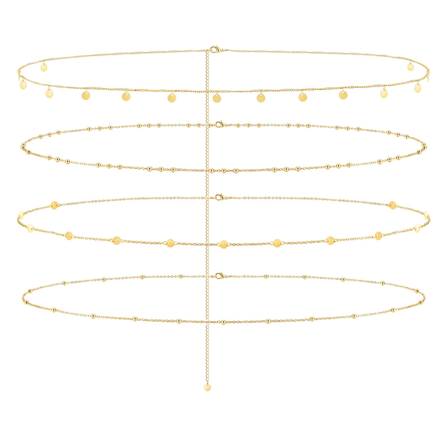 Jovivi 4 Pcs 18K Gold Plated Body Chains for Women,Adjustable Belly Chains for Waist,Multilayer Summer Beach Bikini Waist Beads Body Chains Jewelry for Women