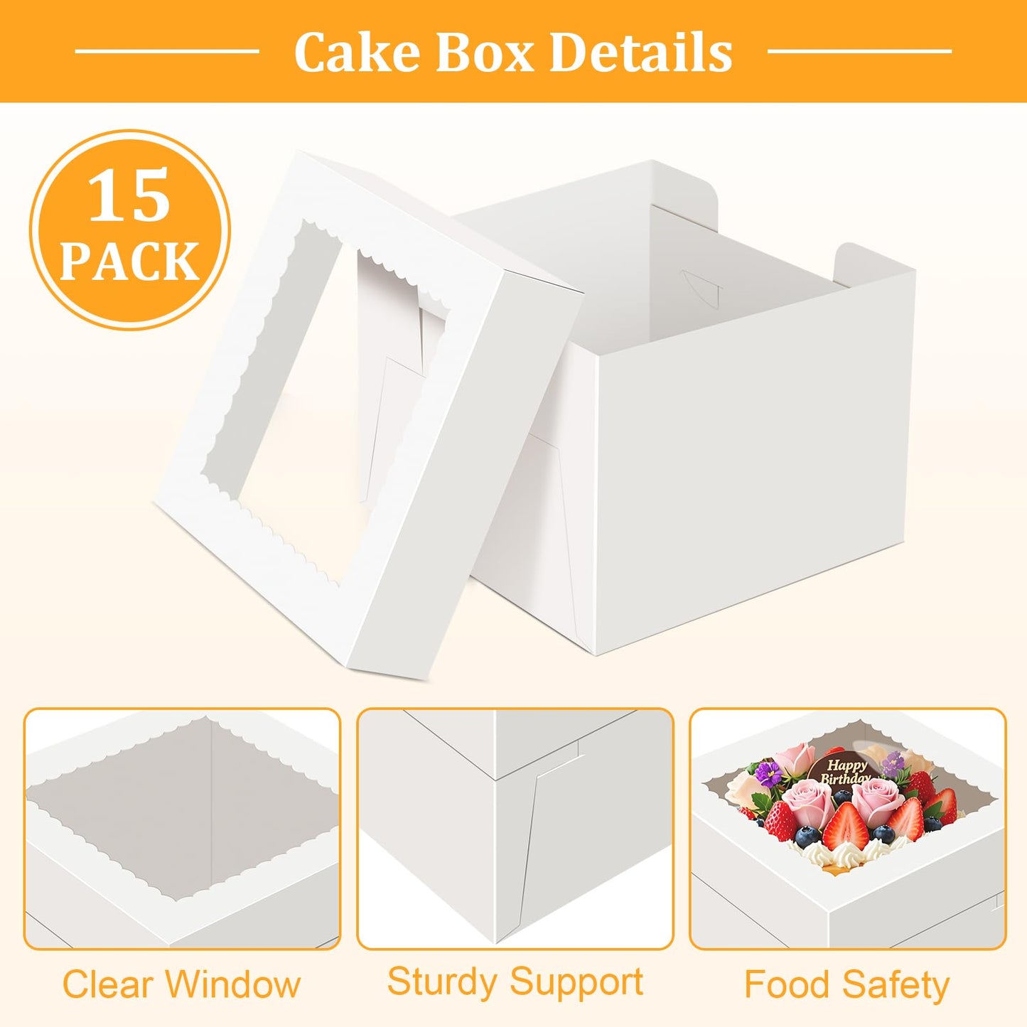 15 PCS Cake Boxes 10 Inch, 10x10x10 Tall Cake Box, 10 Inch Cake Box with Window, White Bakery Boxes, Large Baking Boxes, Cajas Para Pasteles, 10x10 Cake Boxes for Birthday, Wedding, Party, Business
