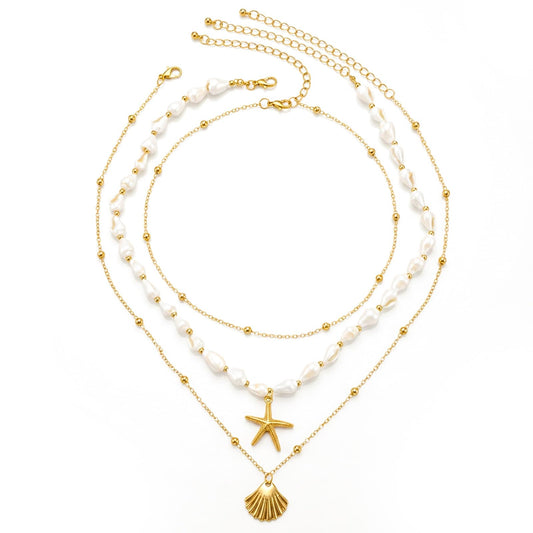 RAHHLIZS 3PCS Starfish Necklace for Women Layered Gold Shell Necklace Beach Jewelry Charm Summer Vacation Gifts
