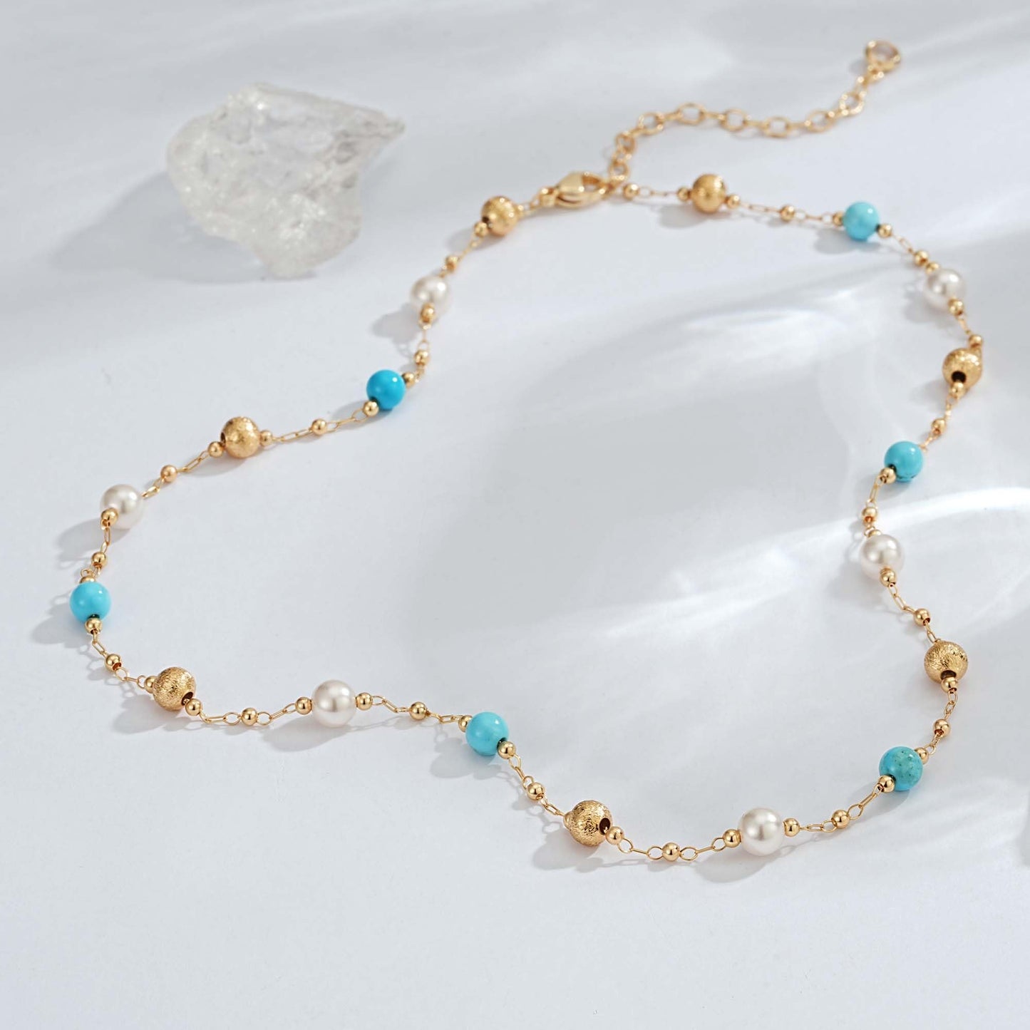 LOLAR RAY Turquoise Jewelry for Women - 14K Gold Plated Round Pearl Beaded Choker Boho Necklaces for Women Summer Beach Boho Choker Bead Gift
