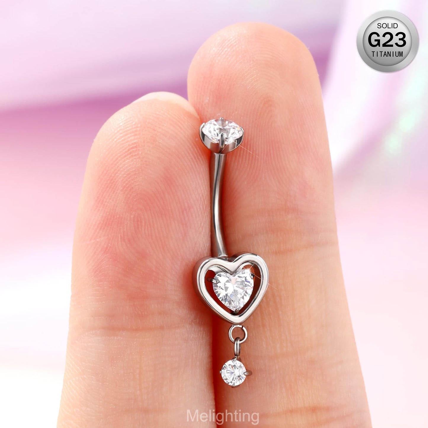 Melighting Heart Titanium Belly Button Ring Internally Threaded 14G Dangle Belly Ring Belly Piercing Jewelry Titanium G23 Naval Ring Clear Cz 10mm Body Piercing Jewelry