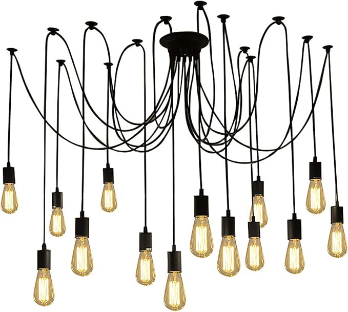 Fuloon Vintage Edison Multiple Ajustable DIY Ceiling Spider Lamp Light Pendant Lighting Chandelier Modern Chic Industrial Dining with Romote Control (14 Head Cable 200cm/78.7inch Each)