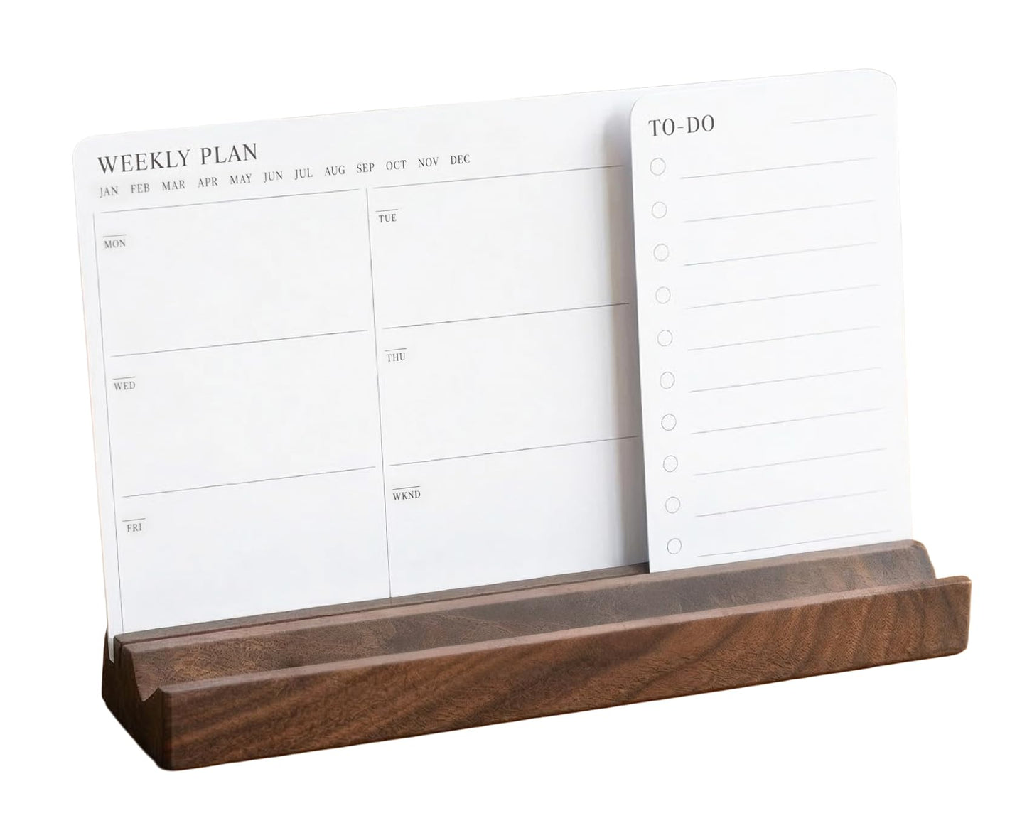 Minimalist Weekly Planner Desk Set – Solid Black Walnut Stand with Pen Tray, Double-Sided Planner & To-Do Cards (Walnut Stand and Planner Cards)