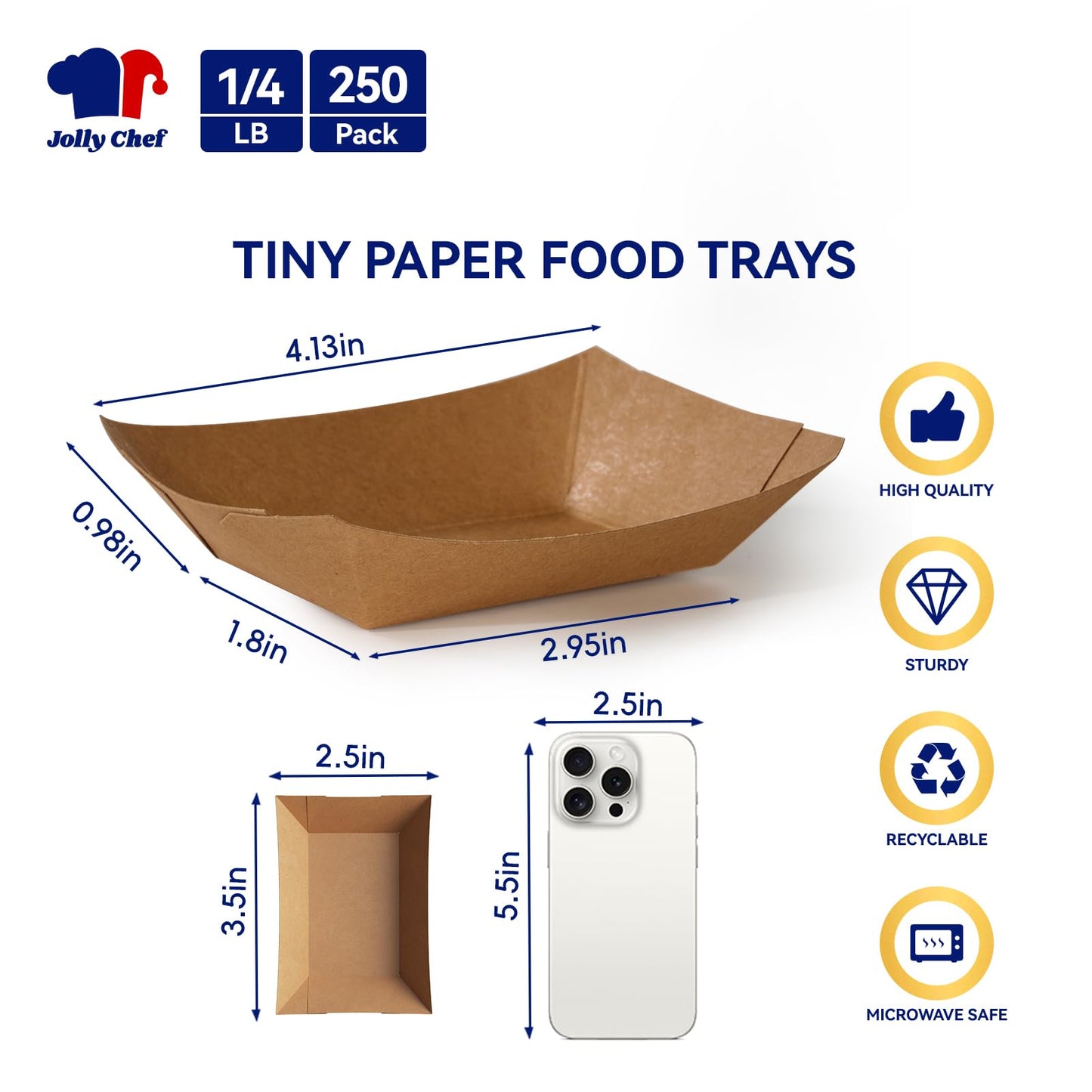 JOLLY CHEF 250 Pack 1/4 Lb Paper Food Trays, Mini Disposable Boat for Gameday, Paper Food Serving Tray for Snack Dessert Taco Nacho (Tiny)