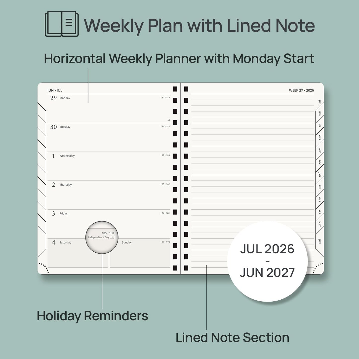 POPRUN Weekly Planner 2026-2027, 6.5" x 8.5", (July 26-June 27) Academic Weekly and Monthly Planner, Calendar Notebook 2026-2027 Agenda for School, College, Spiral Leather Softcover - Cerulean Blue