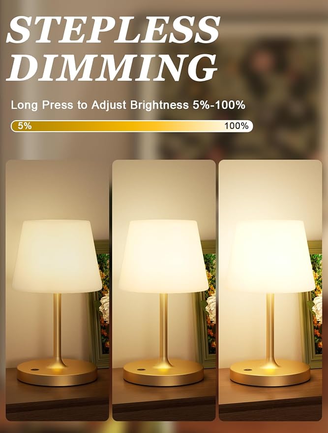 Kakanuo Gold Cordless Shower Lamp Waterproof, Rechargeable Cordless Lamp with 4000mAh Battery, Touch Dimmable Table Lamp for Outdoor, Kitchen, Bathroom, Camping, Patio, IP54