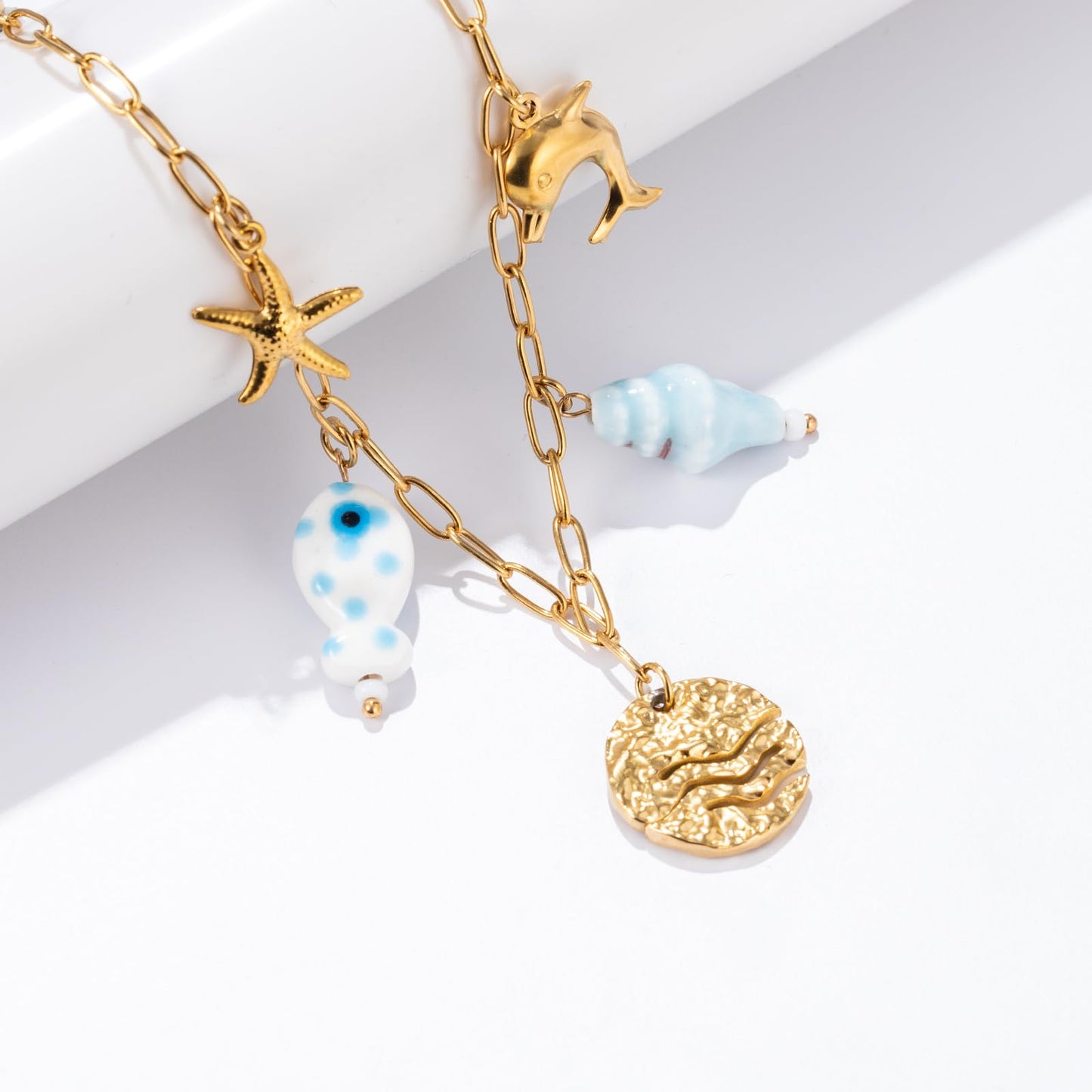 Chunky Gold Necklace Statement Boho Beach Ocean Summer Stainless Steel Jewelry Shell Starfish Turquoise Dolphin Pearl Sun Flower Wave Heart Fish Charm Choker Necklaces for Women(Wave)