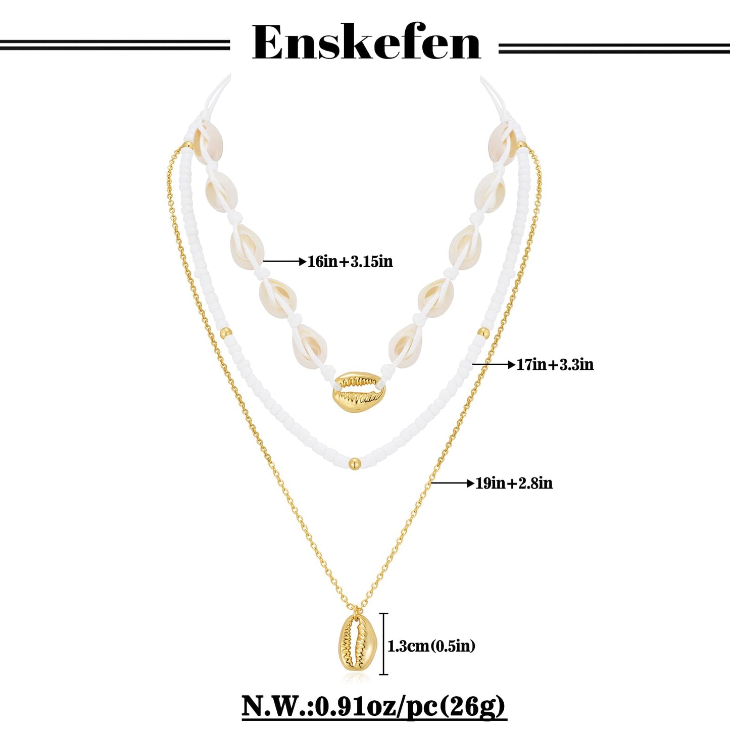 ENSKEFEN Sea Shell Necklaces for Women Three-layer Beach Boho White Shell Beaded Necklace Gold Necklace Summer Fashion Ocean Jewelry