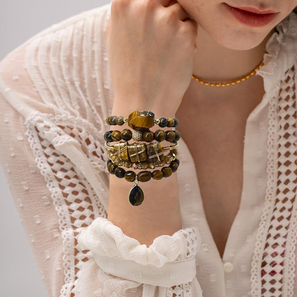Yomisa Boho Beaded Bracelets/Bangle for Women,Multilayer Wrap 5PCS Healing Natural Tiger Eye Stone Bead Bracelets Handmade Stackable Friendship Stretch Beaded Bracelet Set Trendy Bohemian Jewelry Gift