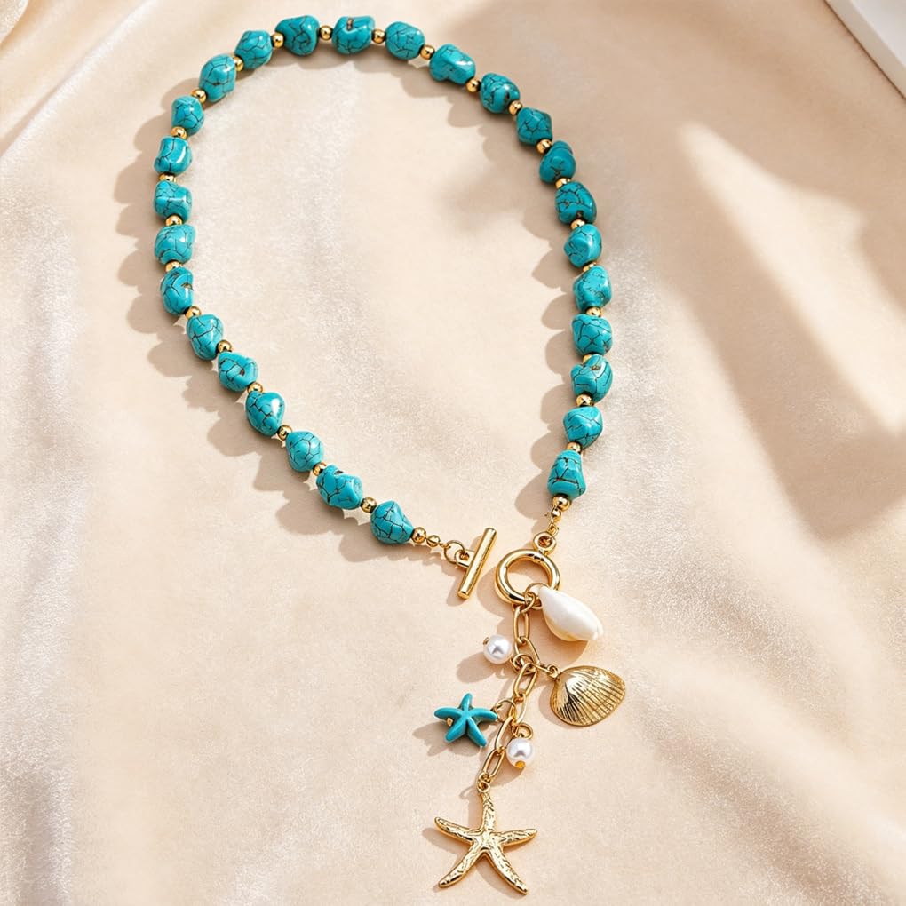 Stringex Seashell Starfish Choker Necklace for Women Boho Gold Starfish Pendant Necklaces Chunky Turquoise Beaded Long Necklace Trendy Holiday Jewelry Gifts (Teal)