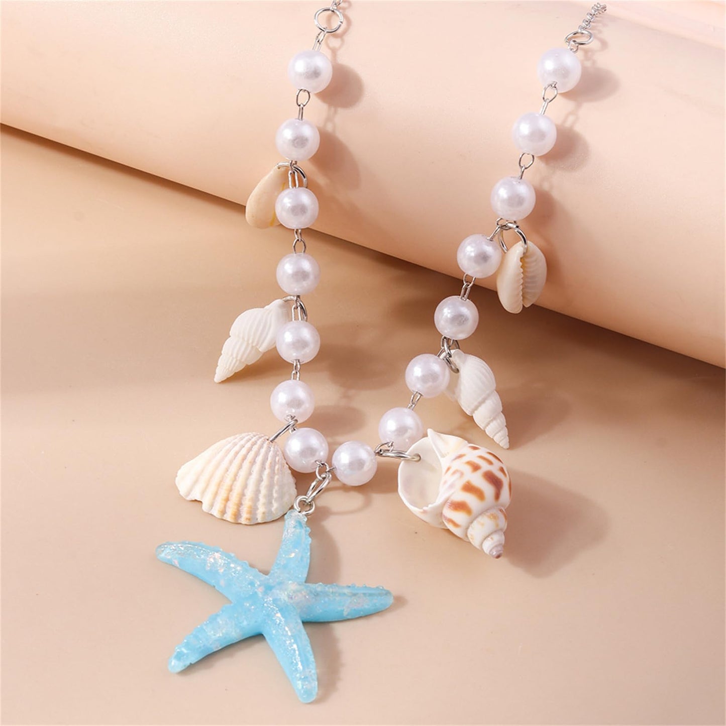 Seashell Necklace Boho Starfish Necklace Vintage Pearl Conch Choker Summer Holiday Beach Accessories Jewelry for Women (Blue)