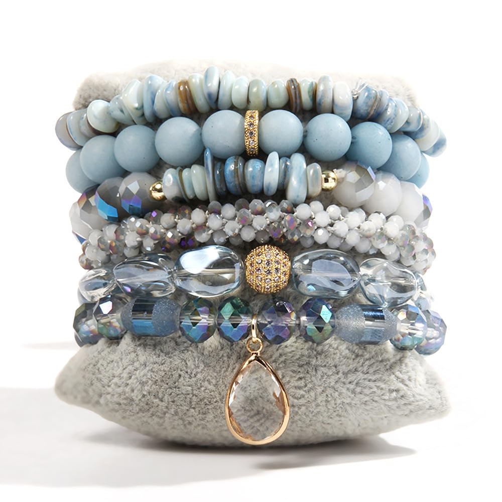 Yomisa Boho Beaded Bracelets/Bangle for Women,Multilayer Wrap 6PCS Healing Natural Jasper Crystal Stone Bead Bracelets Stackable Friendship Stretch Beaded Bracelet Set Trendy Bohemian Jewelry Gift