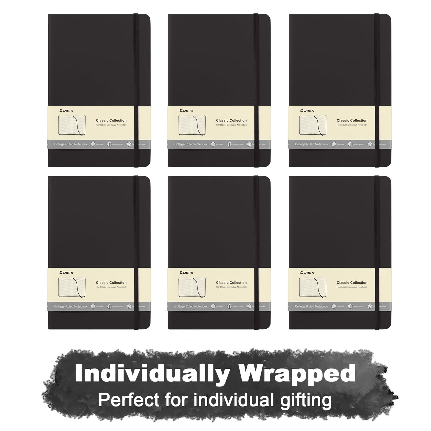 Comix 6 Pack Lined Journal Notebooks for Work, 240 Pages, 5.5"x8.3", Black, Hardcover, A5 Medium College Ruled, Journaling Notebooks for Notes-Taking, Fits for Office School Home