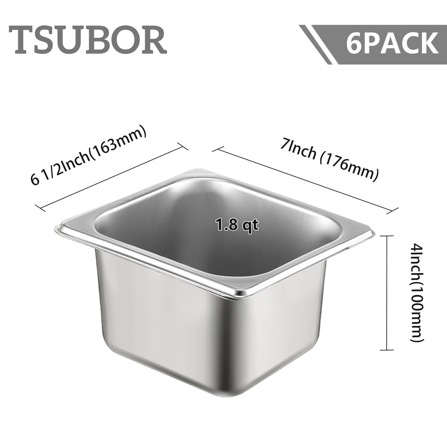 TSUBOR 6 Set Stainless Steel Hotel Pans 1/6 Size 4 Inch Deep With Lids, Anti-Jam Chafing Steam Table Pans, Catering Food Storage Metal Pan