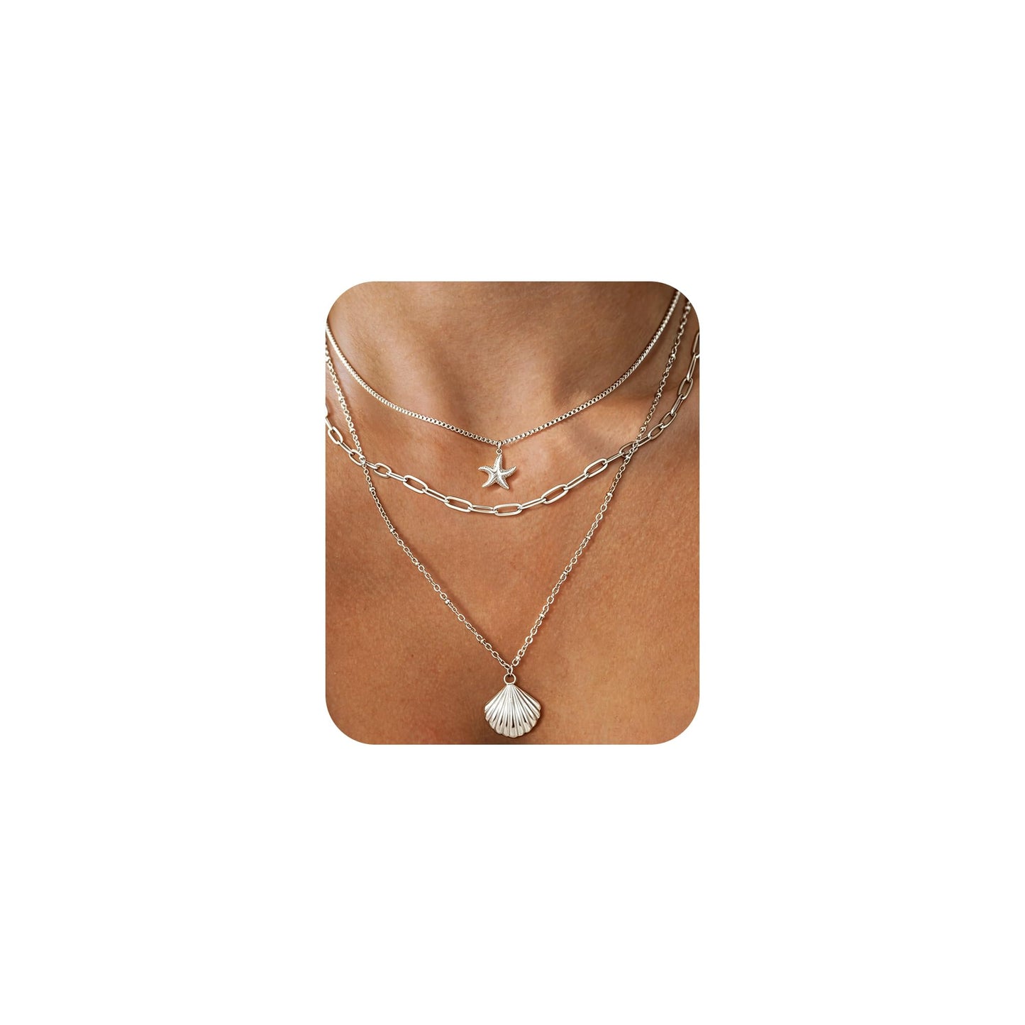 Shell Necklace for Women, Silver Layered Starfish SeaShell Pendant Charm Necklace,Dainty Non Tarnish Waterproof Adjustable Choker Paperclip Necklaces Stack Jewelry for Summer Beach Vacation (Silver)