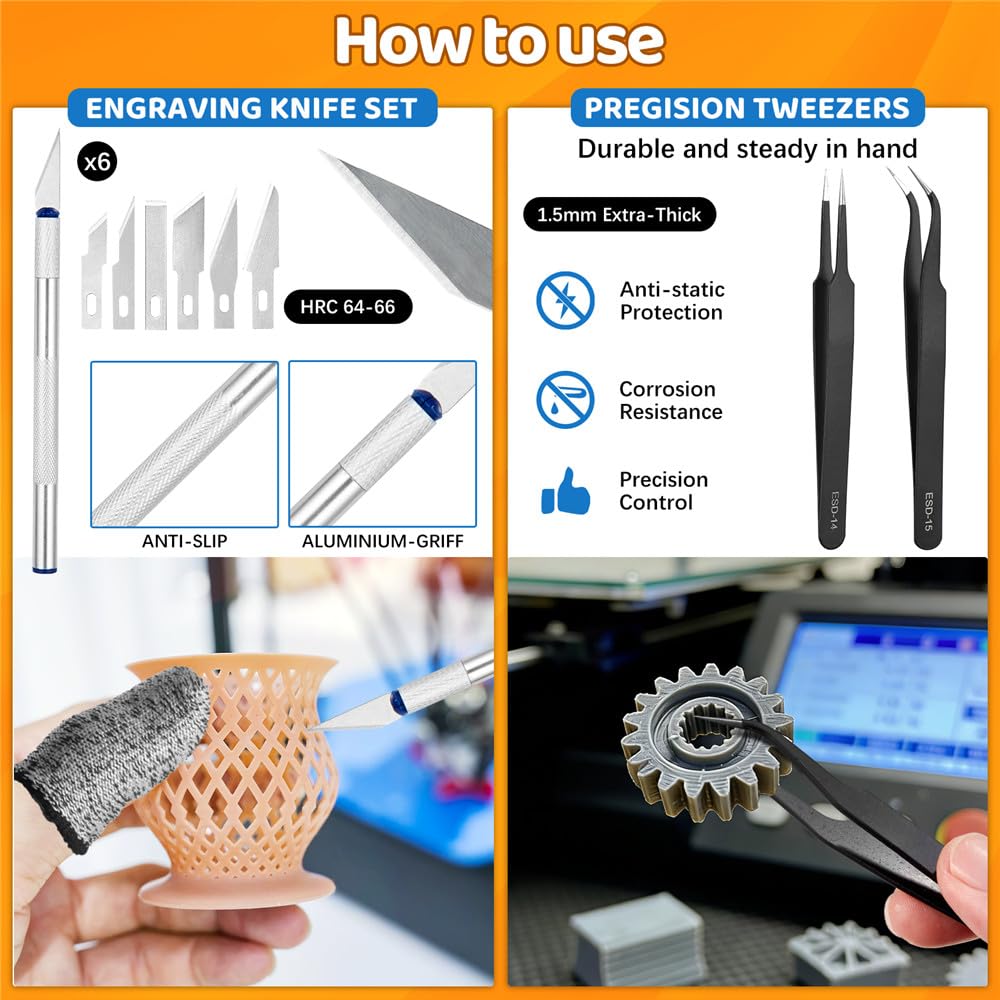 50Pcs 3D Printer Tool Kit & Accessories for All FDM/SLA Printers, Includes Nozzle Cleaning Kit, Scraper, Deburring Tool, Files, Brushes - Complete Starter Kit with Case