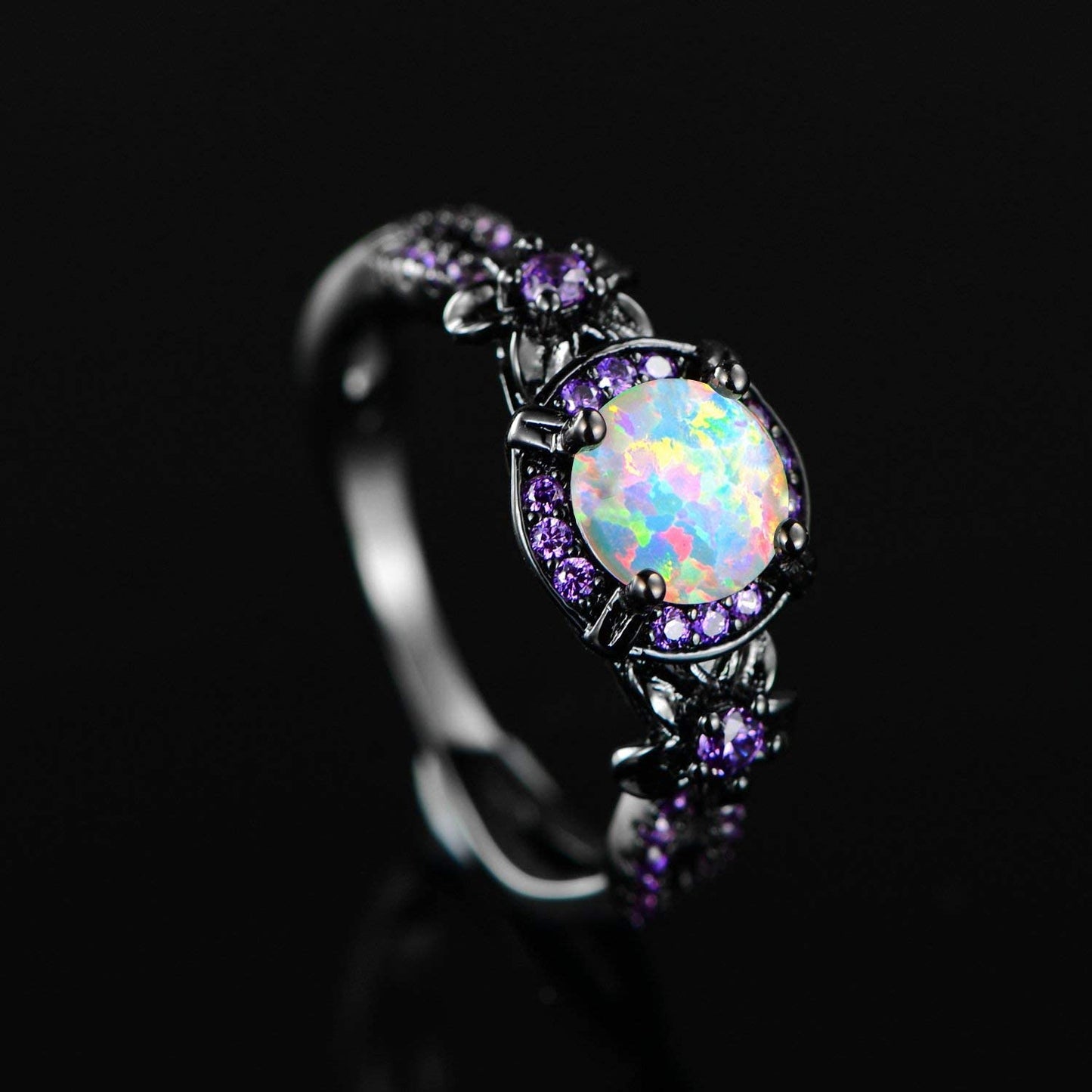 18K Black Gold Plated White Fire Opal Rings for Women October's Birthstone Gemstone Created Amethyst Eternity Wedding Engagement Promise Band (7)