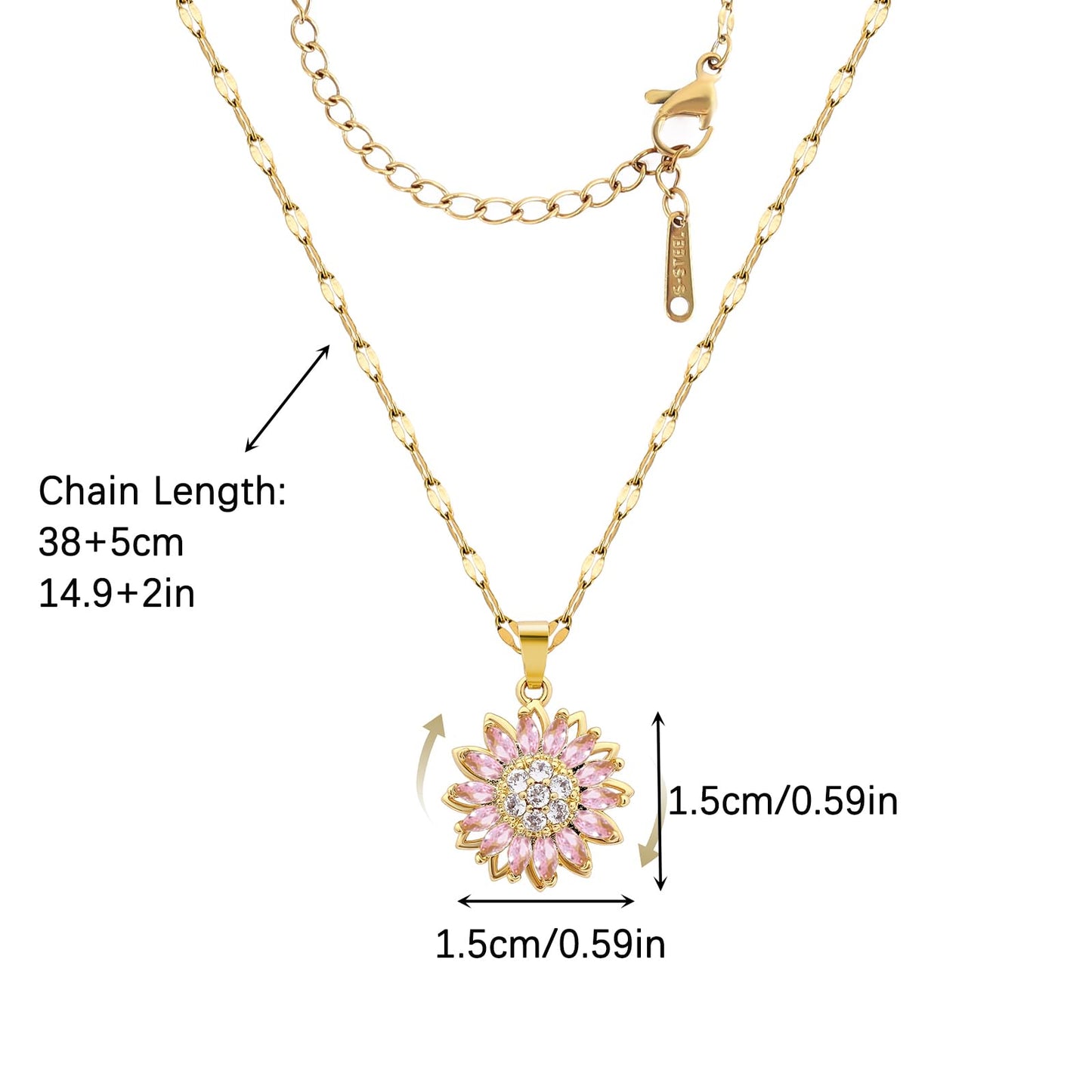 KONPJE Sunflower Fidget Necklace for Women Gold Moon Necklace Rotating Heart Necklaces Spinning Crystal Sunflower Anxiety Necklaces Crescent Moons Jewelry Accessories (Pink)