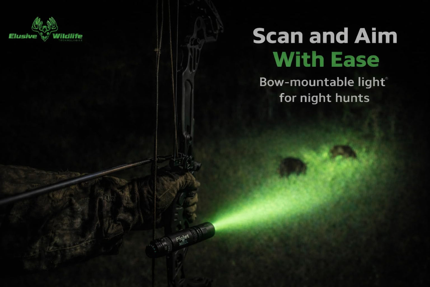 Elusive Wildlife Piglet Mini Archery Light Package – Bow-Mounted Hunting Light Kit with Green, Red & White Lights – Compact Adjustable Mount, Battery & Charger Included – for Hog & Predator Hunting