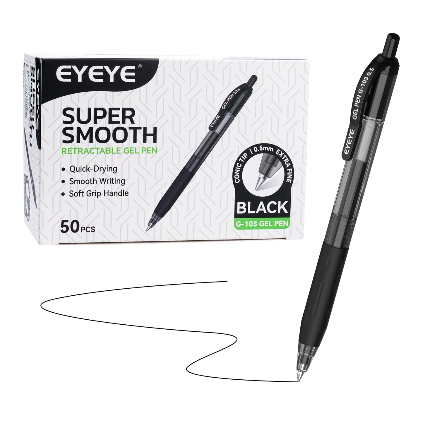 EYEYE G-103 Retractable Gel Pens Black 50 Pack, 0.5mm Extra Fine Point Ink Pen Quick Dry, Ballpoint Pen Fine Point Smooth Writing Pens for for Office School Supplies