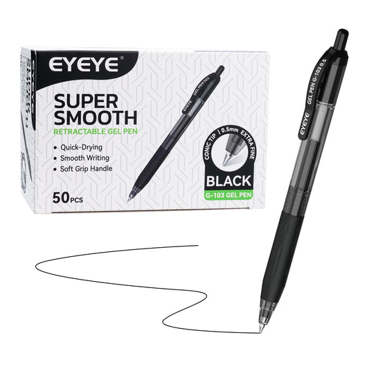 EYEYE G-103 Retractable Gel Pens Black 50 Pack, 0.5mm Extra Fine Point Ink Pen Quick Dry, Ballpoint Pen Fine Point Smooth Writing Pens for for Office School Supplies