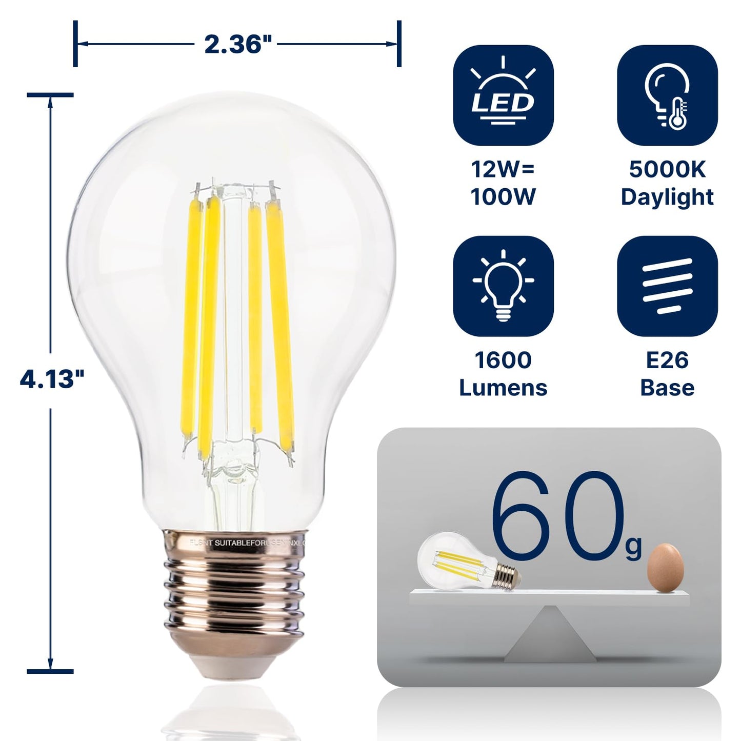 FLSNT 100W Equivalent A19 LED Light Bulbs, Efficient 12W, 1600Lumens, 5000K Daylight, CRI82, E26 Base, LED Filament Light Bulbs Clear Glass, 4 Pack, Dimmable