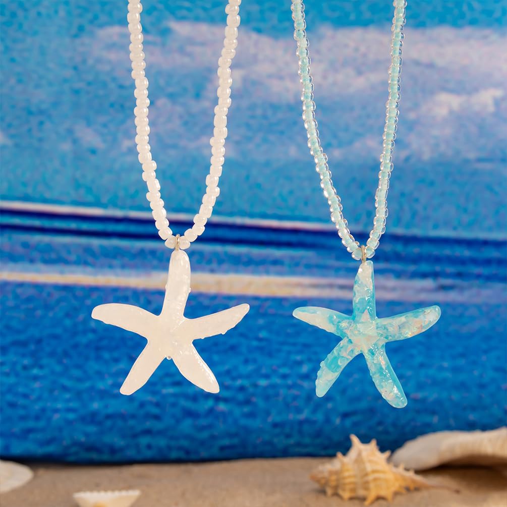 Douxsu 2Pcs Layered Boho White Blue Starfish Necklace for Women, Delicate Sea Star Pendant Hawaiian Small Beaded Chain Necklace Y2k Beach Ocean Beachy Jewelry (White-Blue)