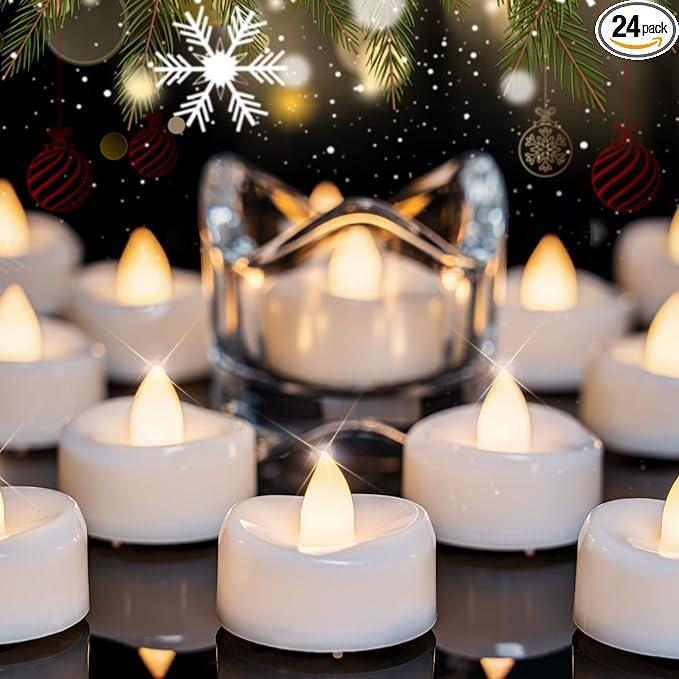 LED Candles, Tea Lights Candles Battery Operated Bulk, 24-Pack Long-Lasting 200 Hours Flameless Tealight Candles, Realistic Tea Lights for Halloween Christmas Wedding, 1.5'' D X 1.25'' H