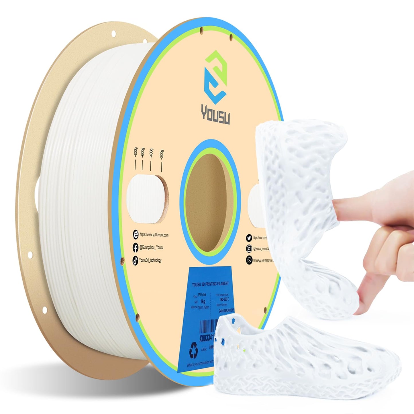 YOUSU Flexible TPU 3D Printer Filament， White TPU Filament 1.75mm 1kg, Dimensional Accuracy +/- 0.03 mm, 95A Shore Hardness and Good Layer bonding Performance.