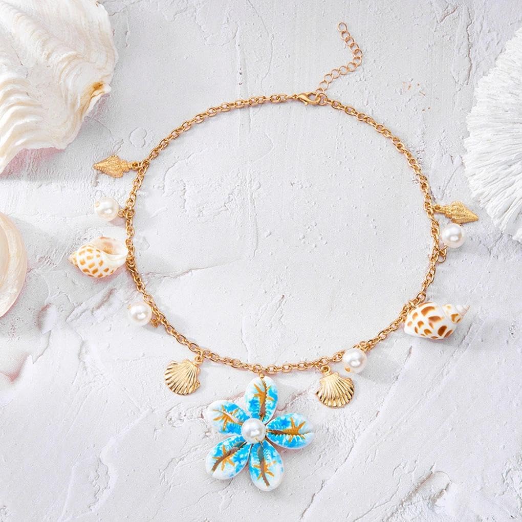 Gold Starfish Seashell Flower Charms Necklace for Women, Boho Adjustable Pearl Chain Choker Necklace Vintage Beachy Statement Jewelry Vacation Gifts (Blue)