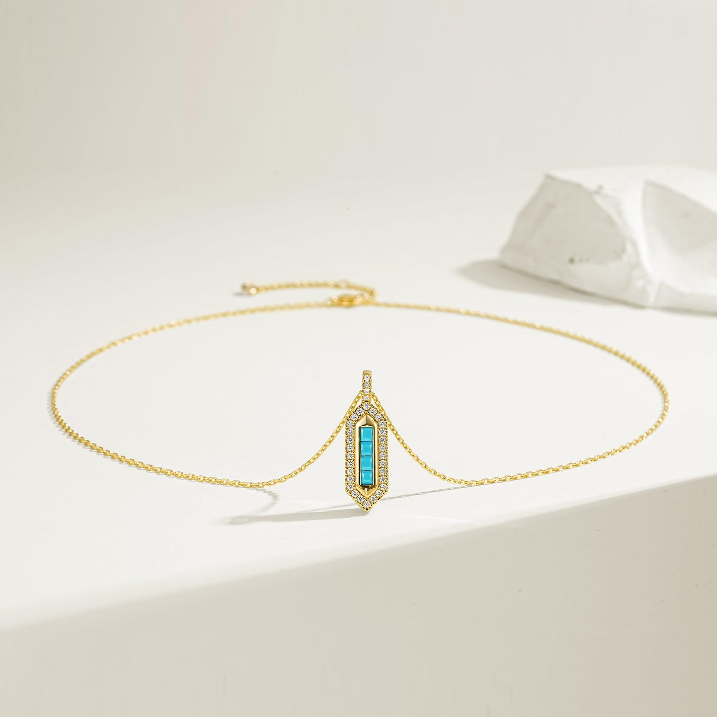 LOLAR RAY Geometric Shield Necklace 14K Gold Plated Turquoise & Cubic Zirconia Inlaid Pendant Adjustable Chain Stylish Gift for Women