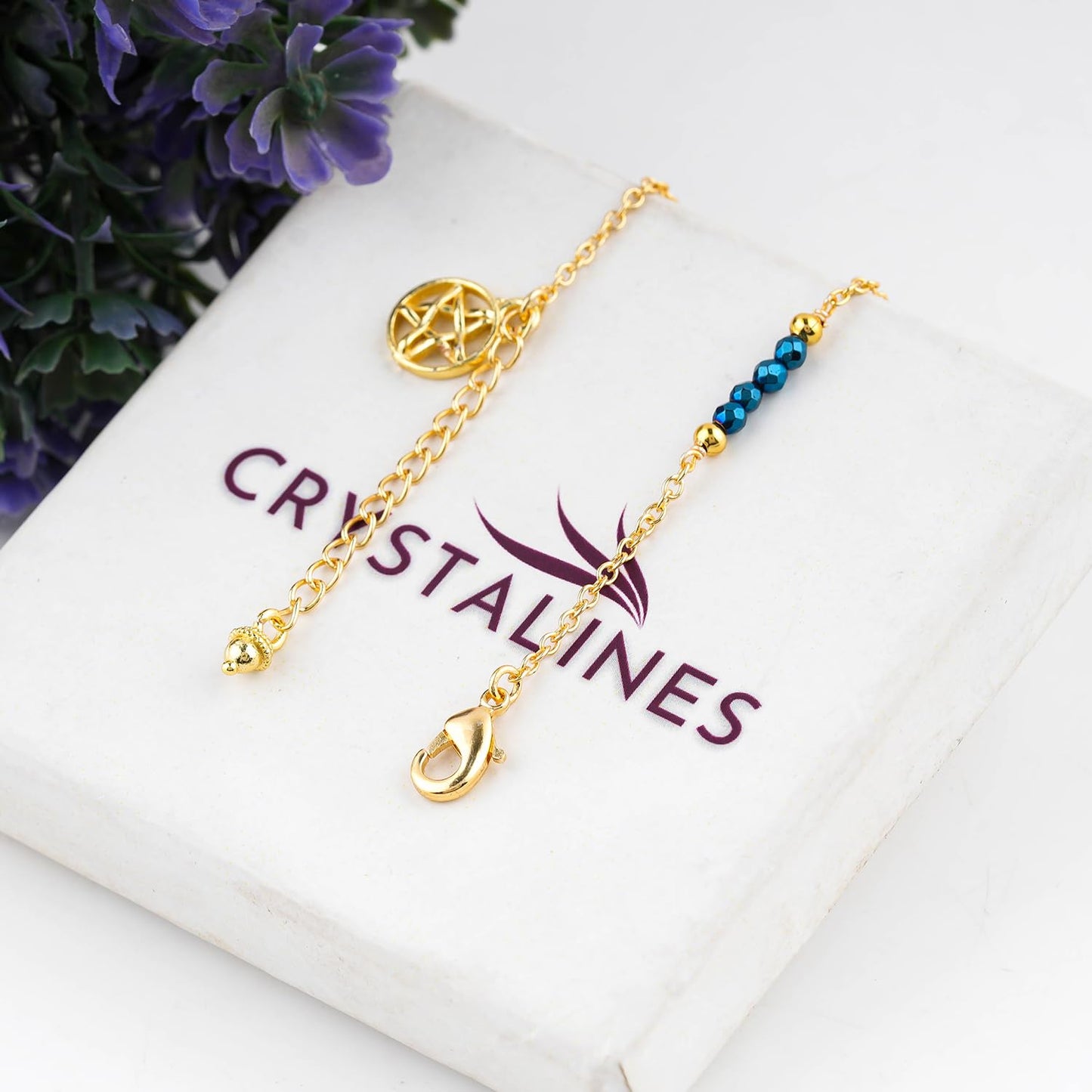 CRYSTALINES Natural Blue Hametite Gemstone Beads, Handmade Station Dangle Star Charms Anklet, 14K Gold Plated, Adjustable Fashion Boho Jewelry for Women, Healing Crystals, Christmas Gift
