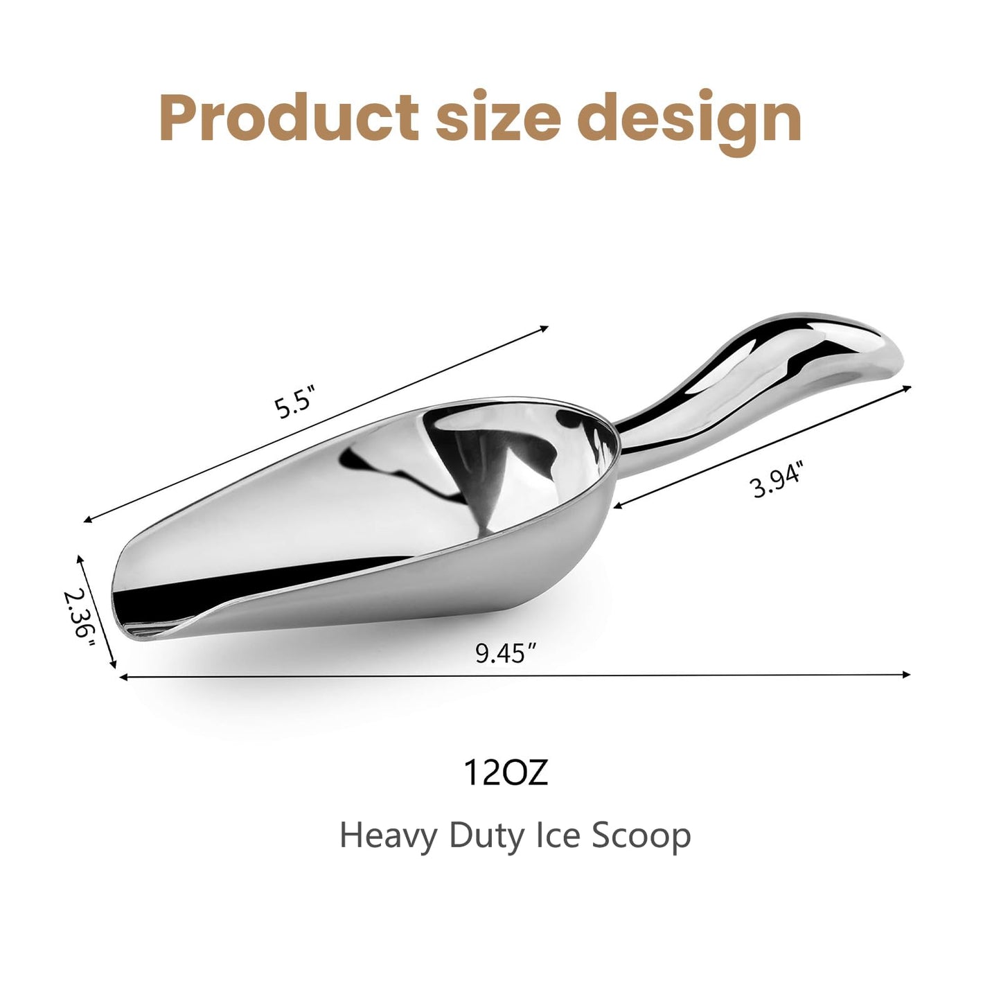 12 Oz 304 Stainless Steel Ice Scoop for Freezer & Ice Machine 2 Pack– Heavy Duty Metal Scooper, Dishwasher Safe, Multi-Purpose for Kitchen, Bar, Party, Wedding (Ice,Dry Goods) (Polished silver)
