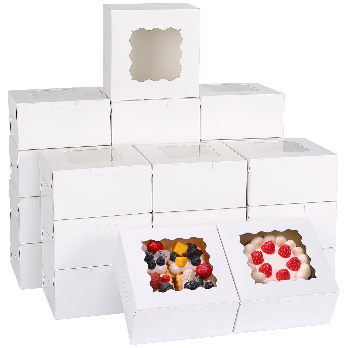 Moretoes 80pcs 6x6x3 Inches Bakery Boxes, Cookie Boxes with Window, Small Treat Containers for Pastries, Chocolate Covered Strawberries, Macarons, Cupcakes, Goodies, Donuts,White