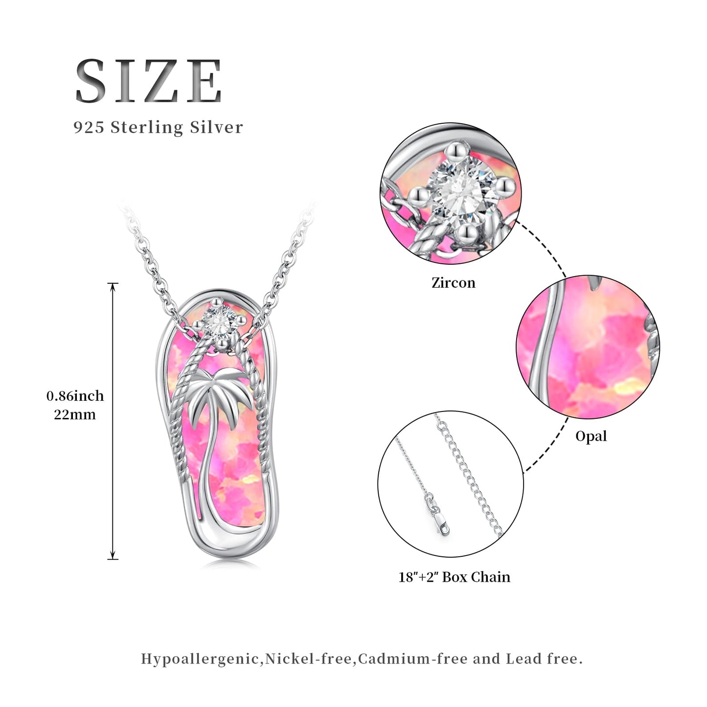 Midir&Etain Flip Flop Necklace 925 Sterling Silver Beach Palm Tree Pendant Hawaiian Pink Opal Necklace Flip-Flop Opal Beachy Jewelry for Women Prime