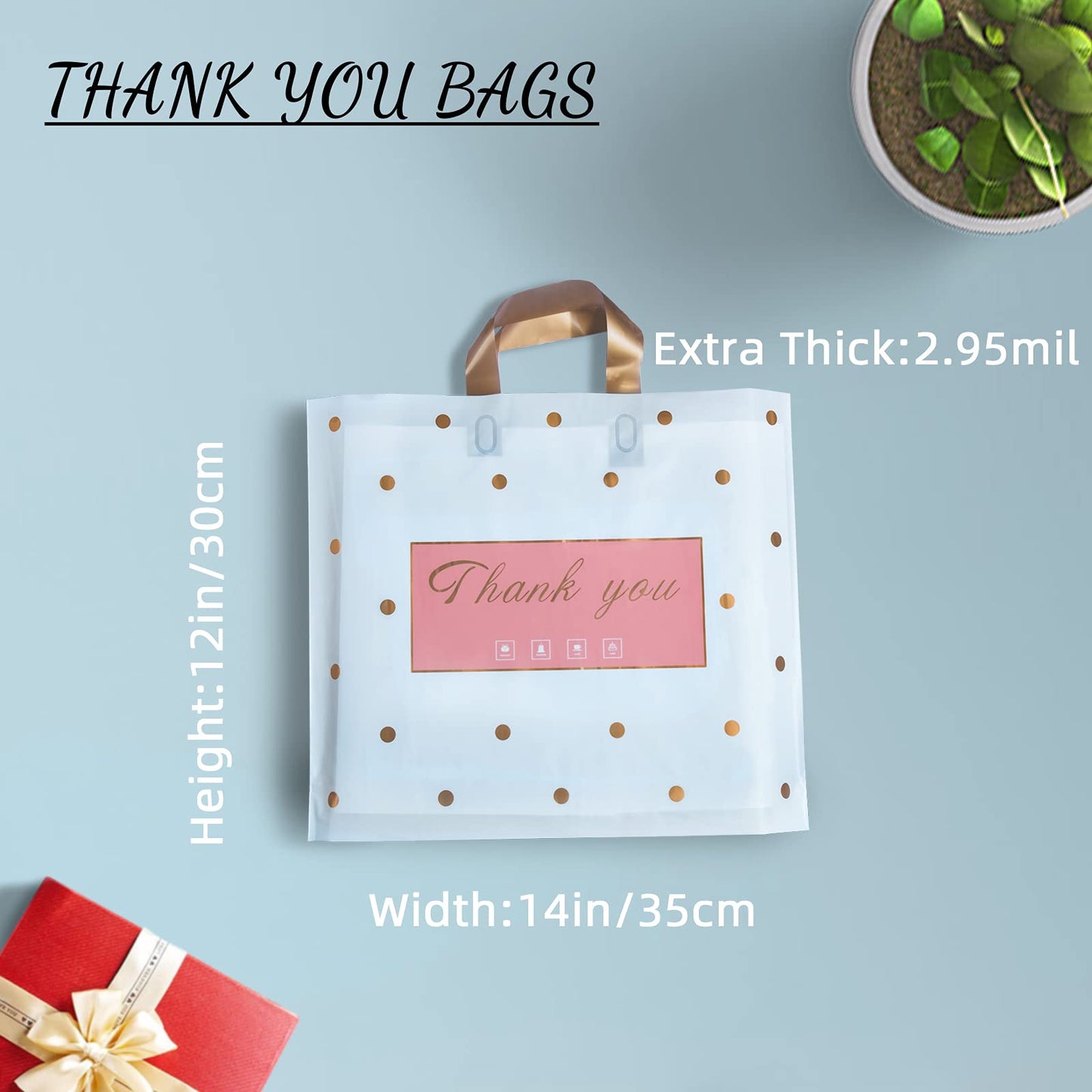 MLAFLY Thank You Bags - 50 Pack Plastic Bags for Small Business, Retail, Parties & Favors (Polka Dot, Medium 12"x14")