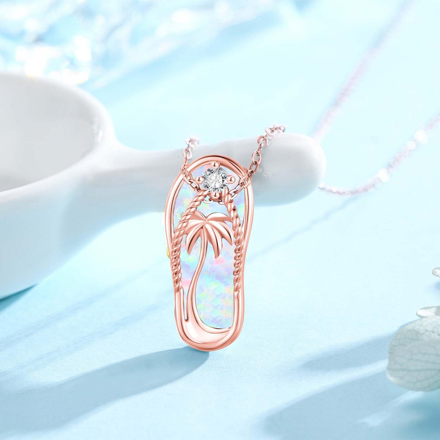 Midir&Etain Rose Gold Plated Flip Flop Necklace 925 Sterling Silver Palm Tree Hawaiian Pendant White Opal Suffer Sea Necklace Flip-Flop White Opal Jewelry for Women Prime