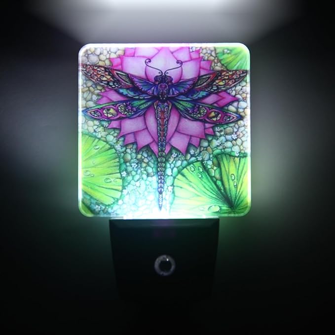 Dragonfly And lotus flower Plug-in LED Night Light,Smart Auto Dusk to Dawn Sensor Nightlights Plug into Wall,White Energy Efficient Night light for Kids Bedroom,Bathroom,Kitchen,Stairs,Hallway