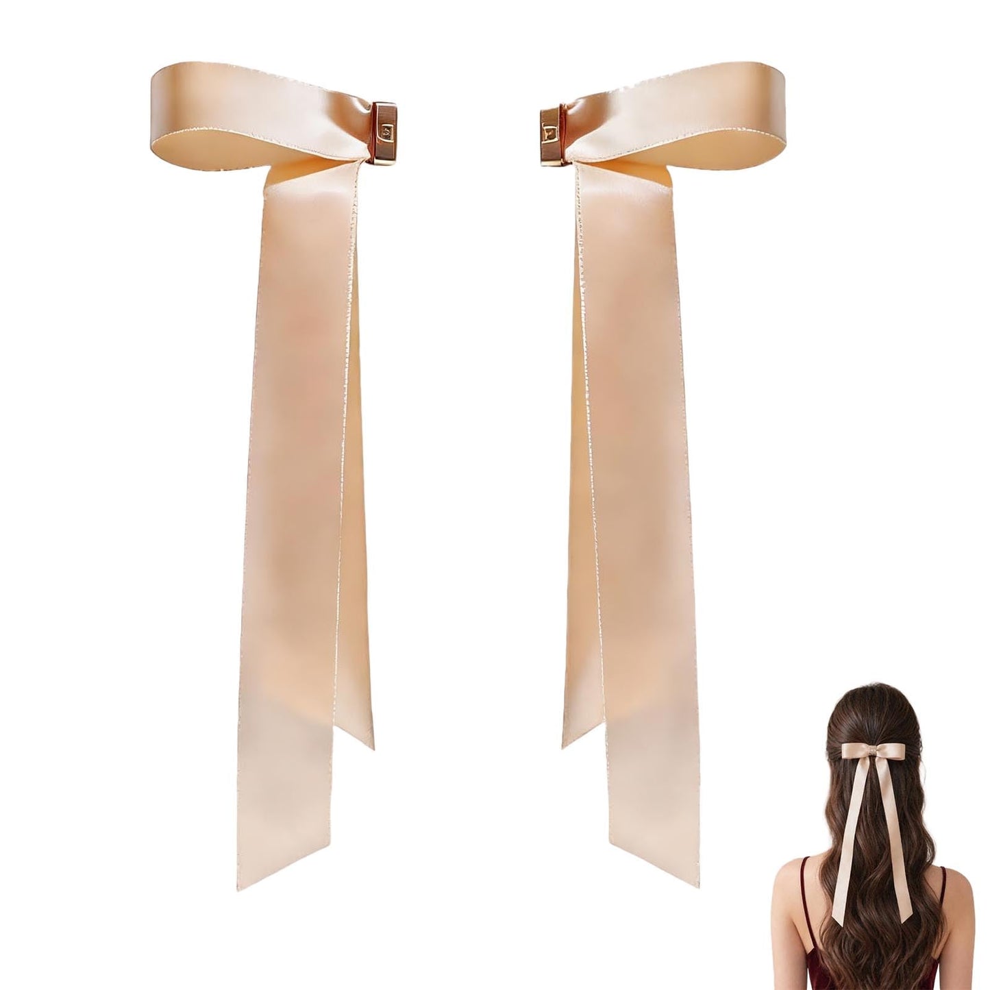 ASTRULUME 2Pcs Magnetic Hair Bows, Satin Ribbon coquette Bow Clips with Strong Hold No-Slip Design, 2-in-1 Instant Snap-On Hair Accessories for Women Girls(Champagne)