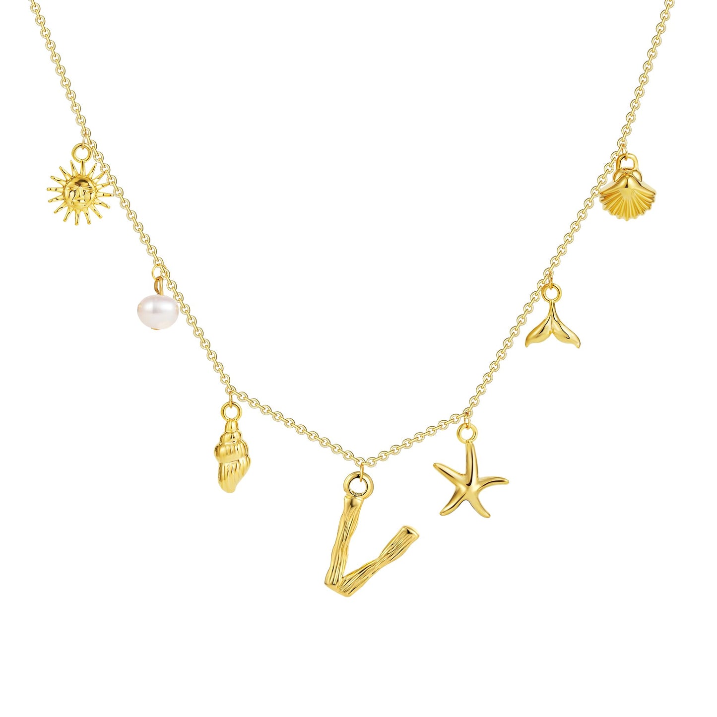 SLOONG Initial Charm Necklace 14K Gold Plated Letter Neckalce Freshwater Pearl Necklace Choker Boho Summer Seashell Beach Starfish Surfer Jewelry Gifts for Women V