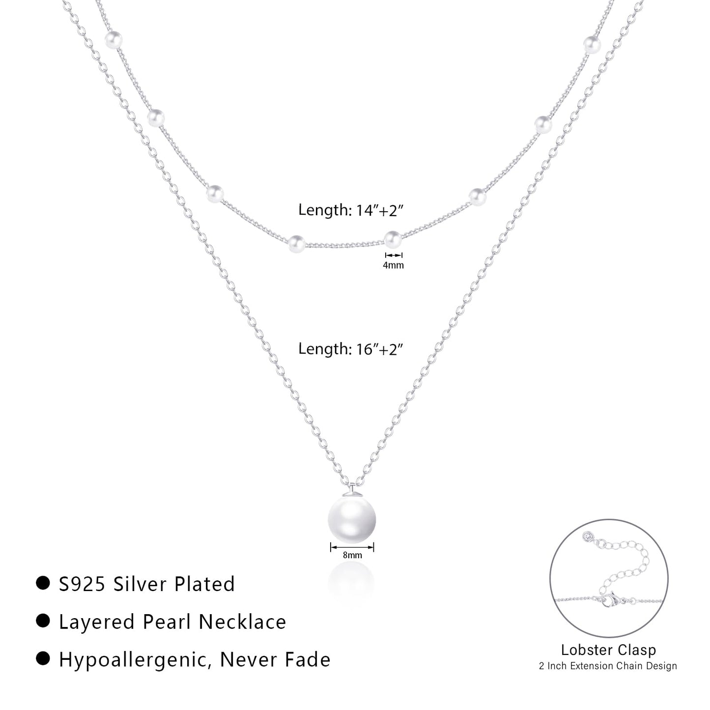 OGD Pearl Necklace for Women Trendy Layered 925 Silver Plated Dainty Pearl Pendant Choker Set Handmade Pearls Silver Necklace Stack Simple Cute Jewelry Gifts for Women