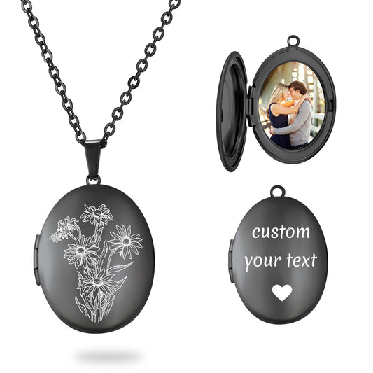 PHOCKSIN Black Oval Locket Necklace 12 Birth Flowers Personalized Necklace that Holds Pictures Customized Gifts Locket Necklaces for Women Birthday Gifts