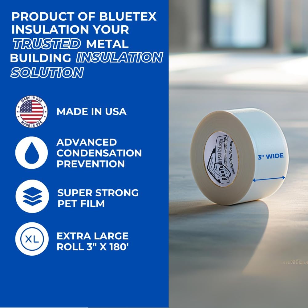 BlueTex Insulationㅤ3 Wide x 180' Long White Vapor Barrier Seam Tape - 4 Rolls Bulk Pack, Great for Crawlspaces, Waterproofing, Insulation Repairs, Underlayment Seams, Metal Building Insulation Seams