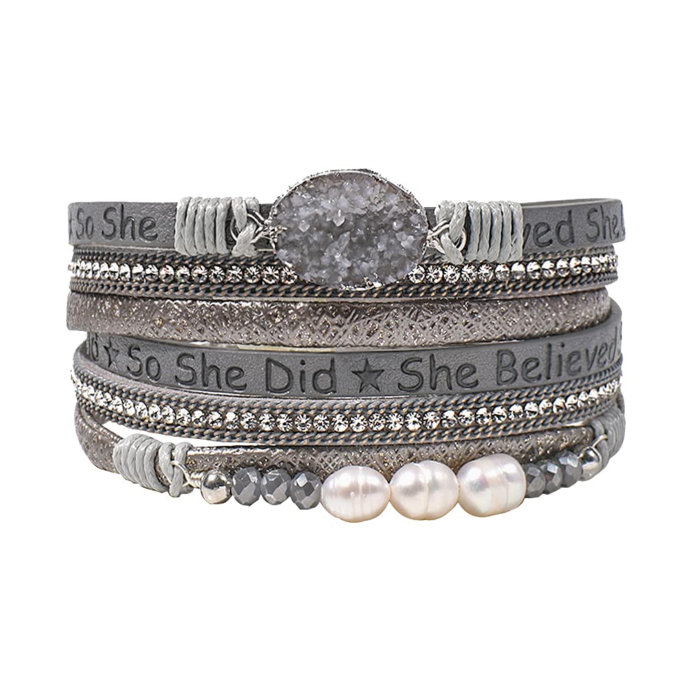 Artilady Leather Wrap Bracelet for Women - Handmade Clasp Bangle Bracelet with Pearl Beads Crystal Wristbands Jewelry Gift for Ladies and Mother